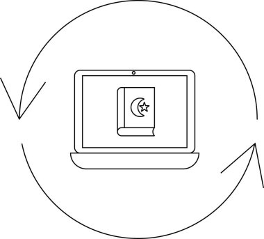 Bir dizüstü bilgisayarda, dijital İslami öğrenme ve bilgi paylaşımını sembolize eden dairesel bir okla çevrelenmiş bir İslami kitap ikonu yer alıyor..