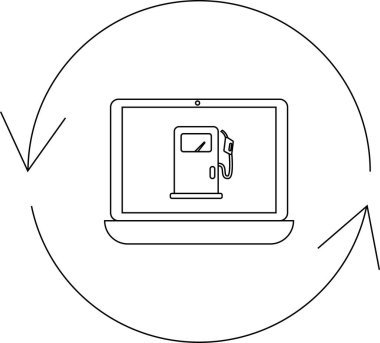 Çevre içi yakıt sipariş ve teslimat hizmetlerini temsil eden dairesel bir okla çevrili bir benzin pompasını gösteren bir dizüstü bilgisayar tasviri.