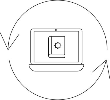 A laptop displays a Quran, symbolizing online Islamic education, surrounded by circular arrows indicating continuous learning and accessibility.