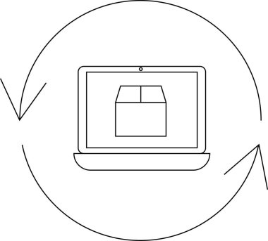 Illustration of a laptop displaying a box, surrounded by a circular arrow, representing online order processing and delivery, isolated on a white background.