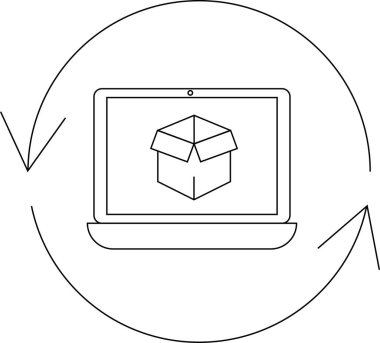 Çevrimiçi düzen dönüş sürecini gösteren basit bir çizgi çizimi, dairesel bir ok içinde açık kutu sembolü gösteren bir dizüstü bilgisayar içeriyor..