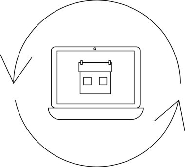 A simple line art icon featuring a laptop displaying a house, surrounded by circular arrows, representing online real estate services.