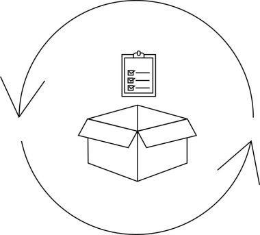 Dairesel bir ok içinde kontrol listesi olan, paketleme sürecini ve kalite denetimini temsil eden bir kutunun canlandırması.