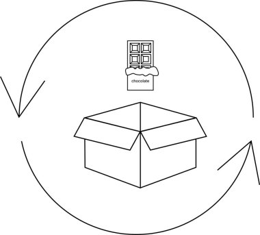 Açık bir kutunun üzerinde, geri dönüşüm oklarıyla çevrili basit bir çikolata çubuğu çizimi, yeniden kullanımını veya sürdürülebilir ambalajı öneriyor.