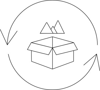 İçinde dağlar olan, geri dönüşüm oklarıyla çevrili, dairesel ekonomi kavramını temsil eden açık bir kutunun tasviri.