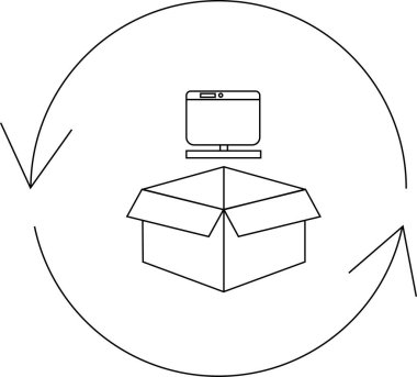 Bir bilgisayar monitörünün açık bir kutunun üzerinde basit bir çizgi çizimi, geri dönüşüm döngüsüyle çevrelenmiş, teknolojiyi ve sürdürülebilirliği sembolize ediyor.