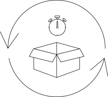 Hızlı nakliye ve teslimatın kavramsal bir çizimi, dairesel ok içinde bir kutu ve zamanlayıcı içeriyor, hızlı dönüşü simgeliyor..