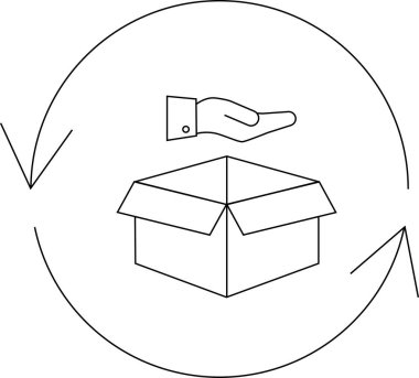 Dairesel oklarla çevrili, bir döngü veya süreci temsil eden açık bir kutunun üzerinde basit bir çizgi resim simgesi.
