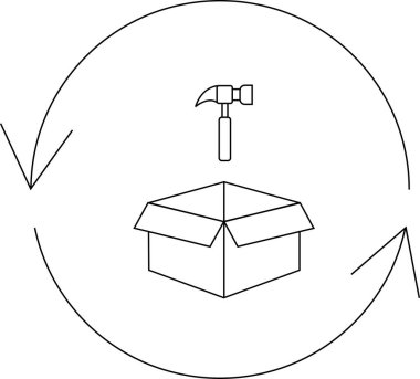 Oklarla çevrili, inşaat, montaj veya döngüsel bir süreci temsil eden, açık bir kutunun üzerinde çekiç bulunan basit bir simge.