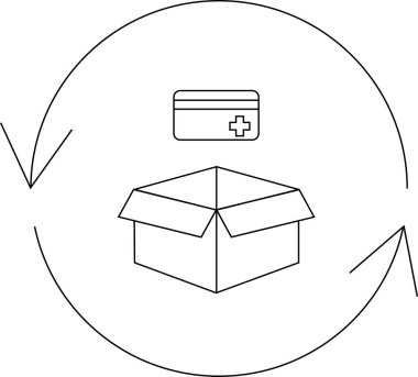 Sağlık ürünleri için geri dönüş sürecini gösteren bir illüstrasyon, bir kutu ve bir kart, dairesel bir okla çevrili.
