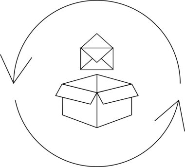 Üzerinde yüzen bir zarf olan açık bir kutunun basit bir çizgi çizimi, bir süreci gösteren dairesel bir okla çevrili..