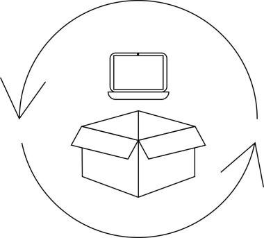 Açık bir kutunun üstündeki dizüstü bilgisayarın basit bir çizgisi çizimi, geri dönüşüm çemberine eklenmiş, elektronik atıkların geri dönüşümünü sembolize ediyor..