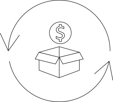 Para iadesi garantisi, bir kutu, dolar işareti ve dairesel oklar içeren bir çizgi resim ikonu..