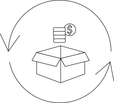 Yuvarlak bir okla çevrili, üzerinde para olan bir kutunun tasviri, kazanç döngüsünü ve iş dünyasındaki mali değişimi sembolize ediyor..