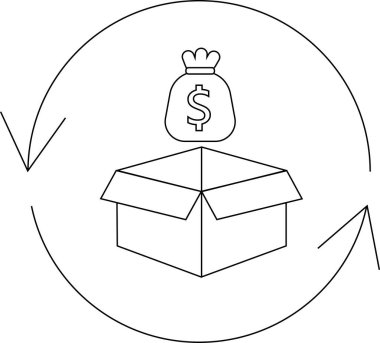 Açık bir kutunun üzerindeki para çantasının basit bir çizimi, oklarla çevrili, finansal değişimi sembolize ediyor ya da geri getiriyor..
