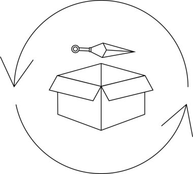 Bir kunai açık bir kutunun üzerinde süzülür, oklarla çevrili, ninja aletlerinin değiş tokuşunu ya da teslimatını simgeler..