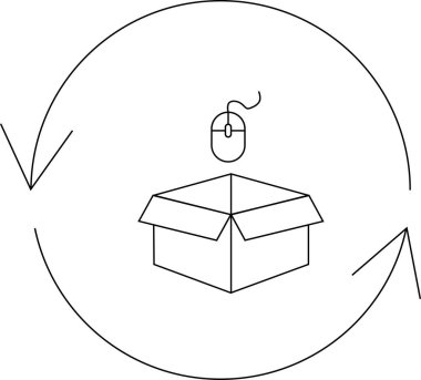 Bir kutu, fare ve dairesel okların yer aldığı çevrimiçi düzen dönüş sürecini tasvir eden basit bir çizgi çizimi.