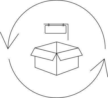 Yuvarlak oklarla çevrili, üzerinde işaret olan açık bir kutunun basit bir çizgi çizimi bir süreci veya döngüyü işaret ediyor..