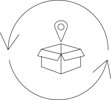 Paket izleme ve teslimat tasvir eden basit bir çizgi resim simgesi, içinde konum iğnesi ve dairesel oklar bulunan bir kutu.