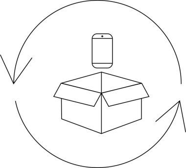Açık bir kutunun üzerinde, geri dönüşüm oklarıyla çevrelenmiş, teknoloji geri dönüşümünü ve sürdürülebilirliği sembolize eden basit bir çizgi sanat simgesi..