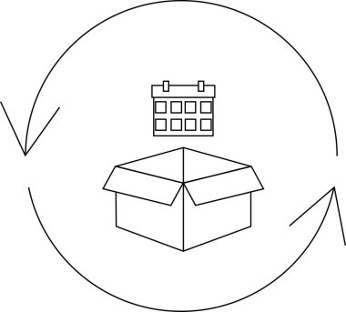 Tekrarlanan teslimatı tasvir eden basit bir çizgi sanat simgesi, açık bir kutunun üzerinde tekrarlayan oklarla çevrili bir takvim.