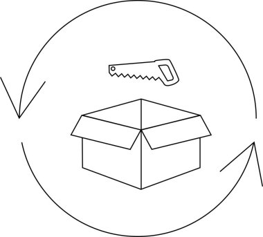 Dairesel ok içinde testere simgesi olan geri dönüşüm kutusu, basit bir çizgi çiziminde yeniden kullanımı ve sürdürülebilirliği simgeliyor.