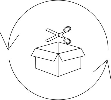 Karton bir kutu ve makas içeren bir geri dönüşüm sembolü, ambalaj malzemelerinin yeniden kullanımını ve yeniden amaçlanmasını temsil ediyor.