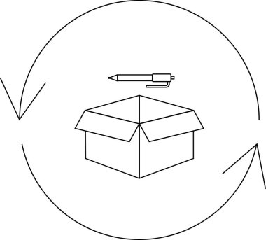 Yeniden kullanım ve sürdürülebilirliği sembolize eden kutu, kalem ve dairesel oklarla bir geri dönüşüm kavramını tasvir eden basit bir çizgi.