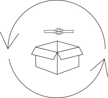 Üzerinde kırık bir nesne olan, geri dönüşüm okuyla çevrelenmiş, hasarlı malları ve geri dönüşüm sürecini sembolize eden açık bir kutunun tasviri.