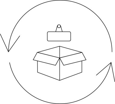 Yukarısında dairesel bir okla çevrili, geri dönüşüm ve ambalajı sembolize eden açık bir kutunun basit bir çizgisi çizimi.