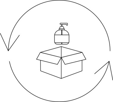Açık bir kutunun üzerinde, geri dönüşüm oklarıyla çevrili, sürdürülebilir ambalajı ve dairesel ekonomiyi temsil eden bir sabun makinesi tasviri.