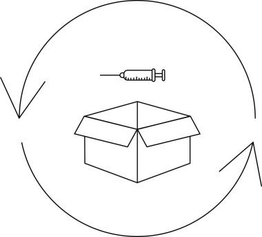 Bir kutu ve geri dönüşüm sembolünün yer aldığı güvenli bir şırınga imha sürecinin canlandırılması, sorumlu tıbbi atık yönetiminin vurgulanması.
