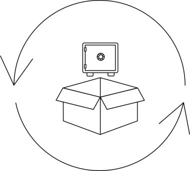 Açık bir kutunun üzerinde, geri dönüşüm oklarıyla çevrelenmiş, güvenliği simgeleyen ve yeniden kullanılan bir kasa tasviri..