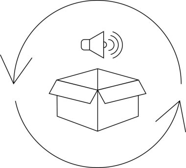 Üzerinde ses yayan bir hoparlör olan açık bir kutu tasvir eden basit bir siyah beyaz çizgi, dairesel bir okun içinde, bir ses geri besleme döngüsünü sembolize ediyor..