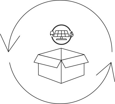 Dairesel ekonomide sürdürülebilir ambalaj ve yenilenebilir enerjiyi temsil eden güneş paneli sembollü bir karton kutu tasvir etmek.