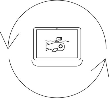 Bir dizüstü bilgisayar, dijital ortamda veri transferini veya senkronizasyonu sembolize eden dairesel oklarla çevrili bir denizaltıyı suda gösterir..