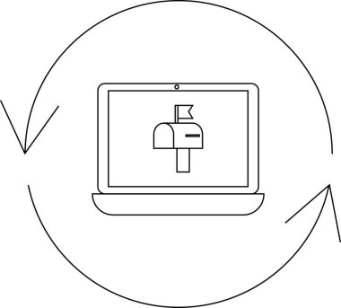 Dairesel oklarla çevrili bir posta kutusu simgesini gösteren, e- posta eşzamanlamasını sembolize eden veya güncelleştiren bir dizüstü bilgisayar.