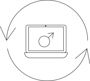 Dairesel bir okla çevrili erkek sembolünü gösteren bir dizüstü bilgisayar, erkeklerle ilgili cinsiyet kimliği ya da teknolojiyi gösteriyor..