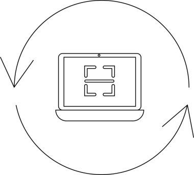 Ekranda tarama simgesi olan bir dizüstü bilgisayar, dairesel bir okla çevrili, veri işlemeyi veya sistemi tazelemeyi simgeliyor.