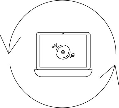 Bir dizüstü bilgisayar, müzik senkronizasyonunu sembolize eden veya aktarmayı sembolize eden dairesel bir okla çevrili müzik notaları içeren bir CD gösterir.