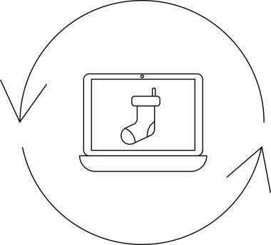 Bir Noel çorap ikonunu gösteren dizüstü bilgisayar, çevrimiçi Noel alışverişini ve hediye bulma kolaylığını sembolize eden dairesel oklarla çevrilidir..