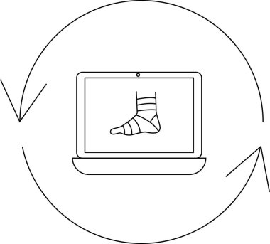 Bir dizüstü bilgisayarda, sargı bezine sarılı yaralı bir ayağı çevrim içi oklarla çevrimiçi tıbbi danışmanlık ve iyileşmeyi sembolize eden bir şekilde gösteriyor..