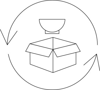 Bir kase ve kutu geri dönüşüm döngüsü içinde tasvir edilir, basit bir çizgi sanatı olarak gösterilir..