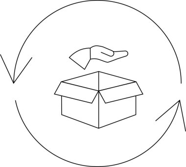 Basit bir çizim dairesel ekonomi kavramını resmediyor. Bir el, dairesel bir okla çevrili bir nesneyi bir kutuya koyuyor..