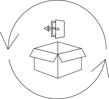 Kutunun dışında düşünmeyi temsil eden, kapı, kutu ve dairesel oklar içeren, yenilikçi çözümleri sembolize eden bir illüstrasyon..
