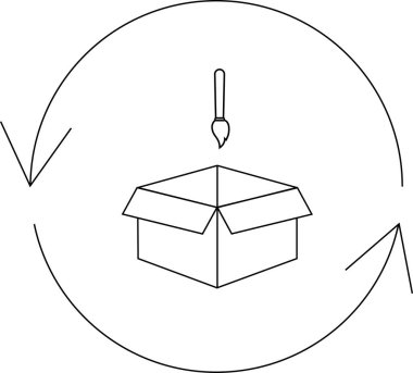 Basit bir çizim yaratıcı bir geri dönüşüm konseptini gösteriyor. Bir boya fırçası, geri dönüşüm sembolüyle çevrili açık bir karton kutunun üzerinde asılı durur..