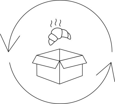 Açık bir kutunun üzerinde buharlı bir kruvasan çizimi. Etrafı oklarla çevrili. Taze hamur işlerinin teslimatını simgeliyor..