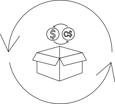 Açık bir paketin üzerinde para değişimi tasvir eden, geri dönüşleri veya işlemleri sembolize eden siyah beyaz bir illüstrasyon.