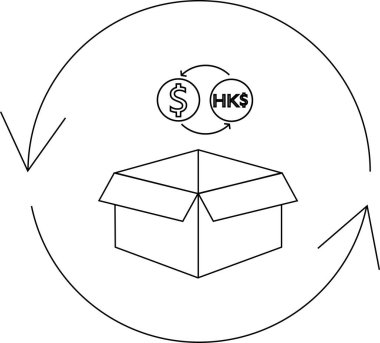 Üzerinde döviz döviz sembolü olan bir kutunun basit bir çizgi çizimi, mallar için para alışverişini gösteriyor..