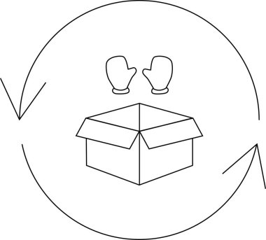 Üzerinde eldivenler olan, geri dönüşüm oklarıyla çevrili bir bağış kutusunun basit bir çizimi..